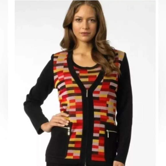 EXCLUSIVELY MISOOK Knit Cardigan Jacket Metallic Mosaic Zip Front Pockets XL - Picture 2 of 12